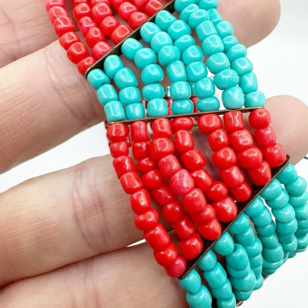 Coral Turquoise Glass Seed Bead Color Block Stretch Bracelet Boho Southwest